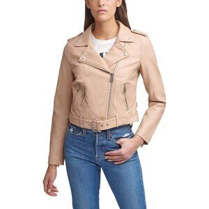 Women's The Classic Faux Leather Moto Jacket Font Zipper Long Sleeve Biscotti